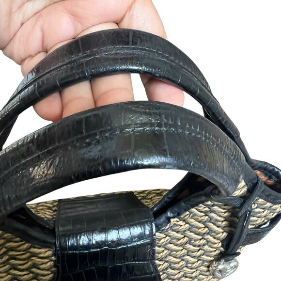 Brighton Woven Tan Straw Shoulder Bag Handbag Purse Black Croc Leather Handles - Picture 8 of 15